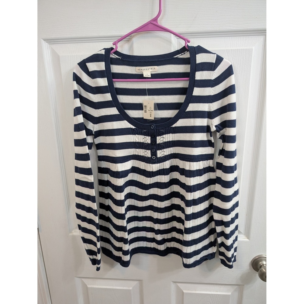 Aeropostale Striped Scoop Neck Babydoll Sweater Women Navy White NWT - Size M